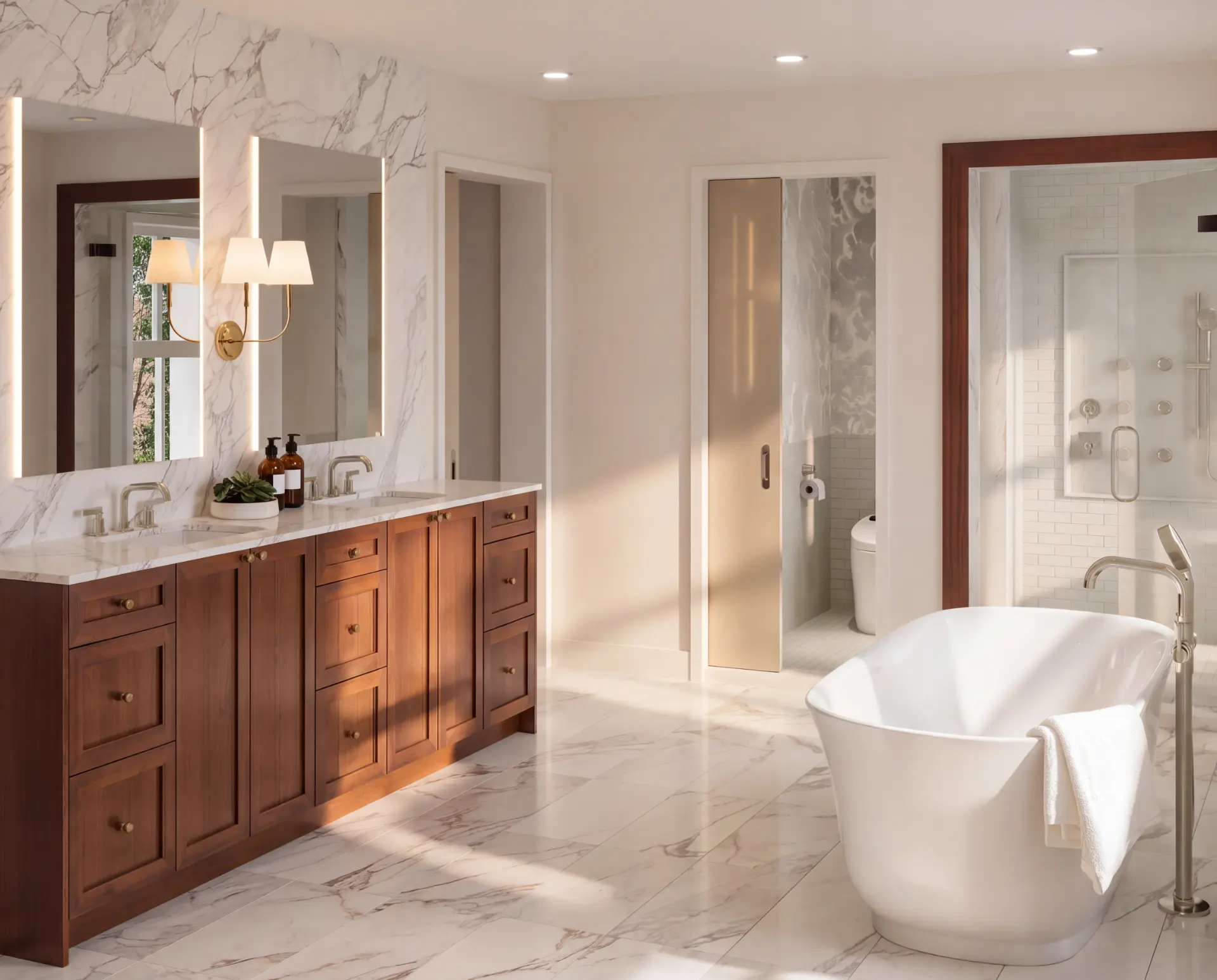 Primary bathroom rendering with marble floors, walnut vanity and soaking tub