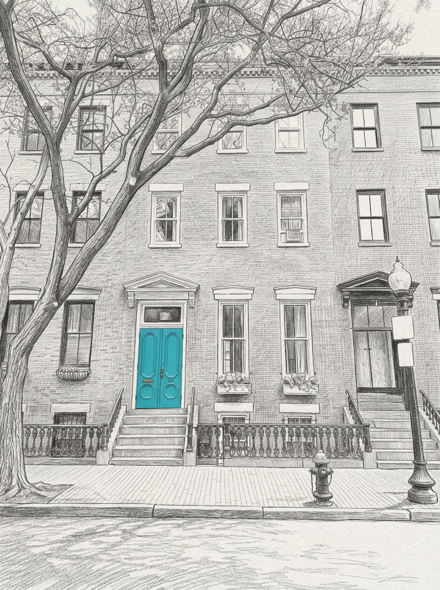 Pencil-sketch rendering of The Tiffany Townhouse at 34 Milford St, Boston South End, with its iconic turquoise front door in color