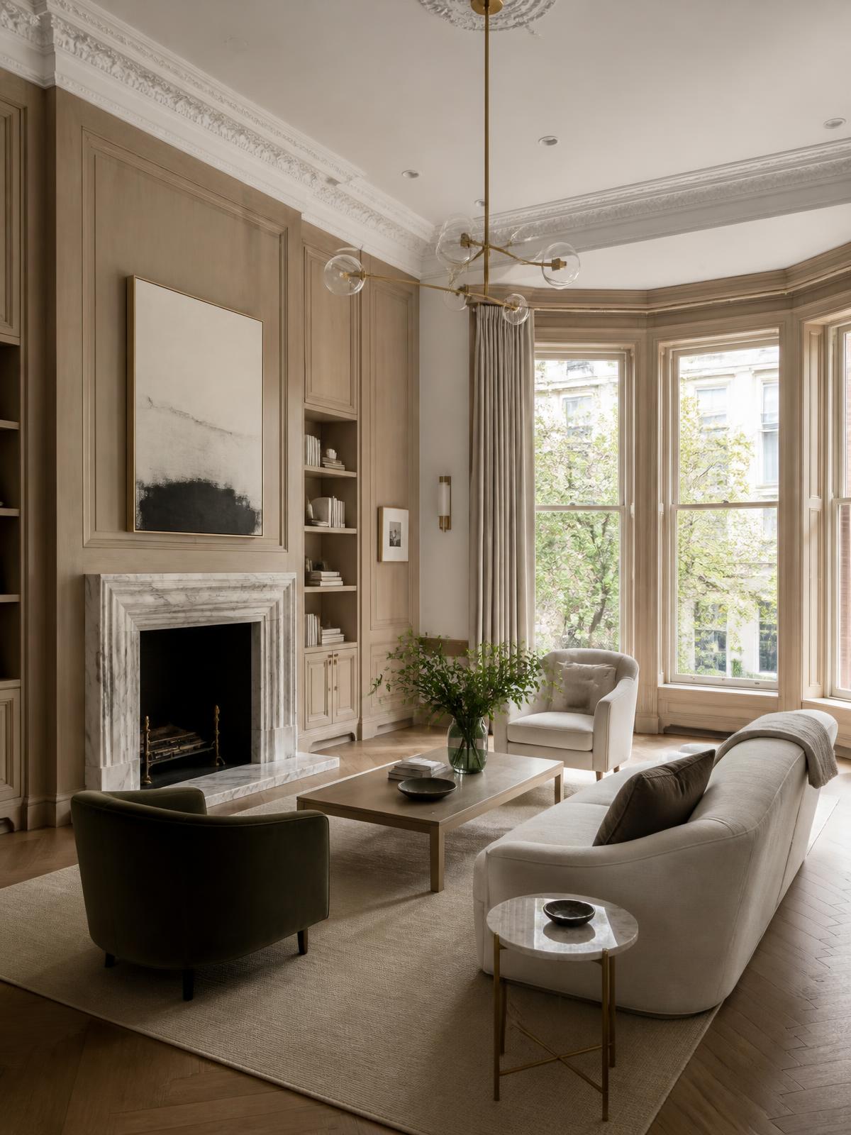 Rendering of the grand parlor with marble fireplace and custom millwork